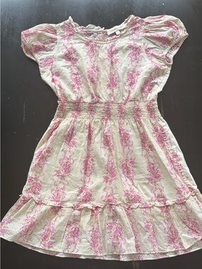 LoveShackFancy Cream and Pink Floral Smocked Waist Dress